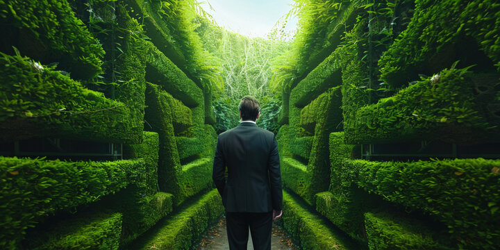 Businessman in suit standing in front of maze in front of white labirynth entrance about to make a decision. Looking at the way to success concept