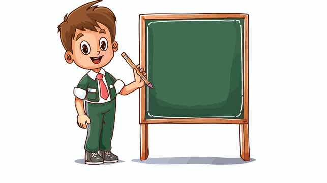 Cartoon school boy in uniform writing on the blackboard 