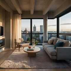 beautiful modern living room design by a architect in a apartment with view on the city 