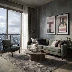 beautiful modern living room design by a architect in a apartment with view on the city 