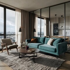 beautiful modern living room design by a architect in a apartment with view on the city 