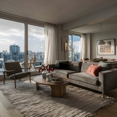 beautiful modern living room design by a architect in a apartment with view on the city 