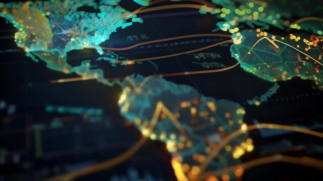 An interactive map animation showcasing the world with a multitude of vibrant lights representing cities and urban areas.