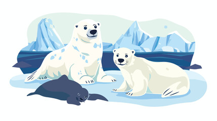 Cartoon seal with polar bear in arctic background flat