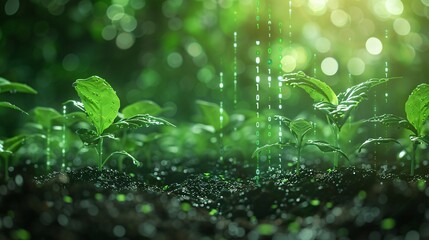 Seedlings with Digital Rain and Dew Drops - obrazy, fototapety, plakaty