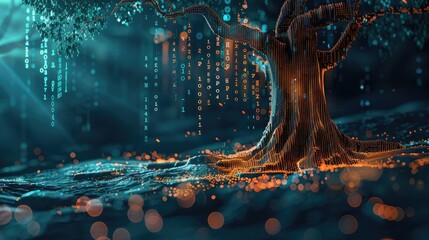 Fintech concept - a tree whose trunk and branches are made of rising financial graphs and currency symbols - obrazy, fototapety, plakaty