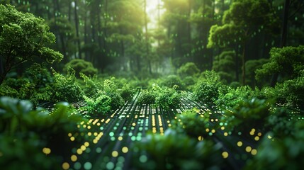 Digital Circuit Board Forest with Glowing Lights