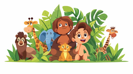 Obraz na płótnie Canvas Cartoon tarzan with animals in the jungle flat vector