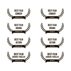 Movie award best film - comedy, action, drama, thriller, horror nomination and winner, black and white vector icon set	 - obrazy, fototapety, plakaty