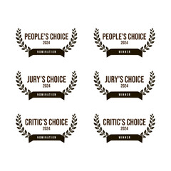 Movie award critic choice, people choice, jury choice  - nomination and winner, black and white vector icon set