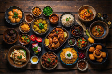Obraz na płótnie Canvas top view of a rustic wooden table with full of traditional Arabic cuisine in various menu, date, iftar feast during Ramadhan