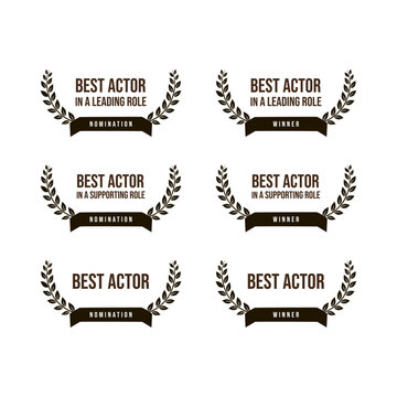 Movie award best male actor in a leading or supporting role - nomination and winner, black and white vector icon set	