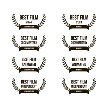 Award best film - feature motion picture, animated, documentary, independent movie nomination and winner, black and white vector icon set	