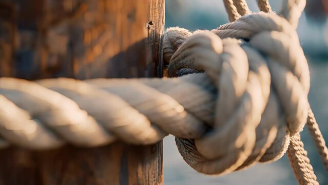 In this image a rope looped around a pulley has become taut from the weight of the sails it supports. The once pristine texture has been stretched and strained with small