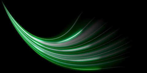 Design elements with green wavy lines and glowing, glittering lines that move softly. black backdrop modern style future technology concept. copy space