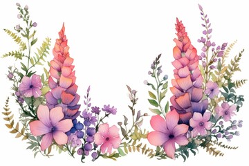 watercolor of foxglove clipart with tall spires of colorful flowers. flowers frame, botanical border, Design wedding love cards shop. - obrazy, fototapety, plakaty
