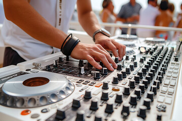 DJ hands mixing music on console mixer board at a luxury yacht party at sea in summer on vacation close-up