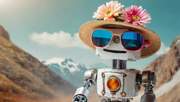 Robo-Bloom: Cute Robot Spreading Joy with Flower Sunglasses, Cap, and Happy Vibes"
