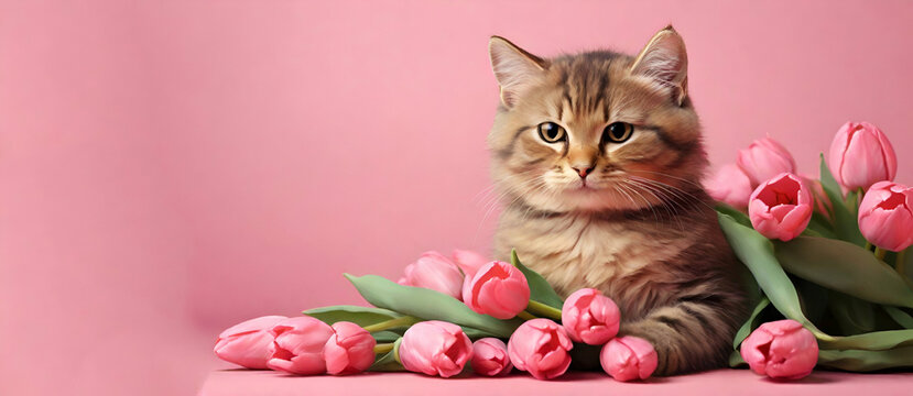Cute cat holding a bouquet of tulips, A cute cat holds a bouquet of pink tulips on a pink background Generative Ai