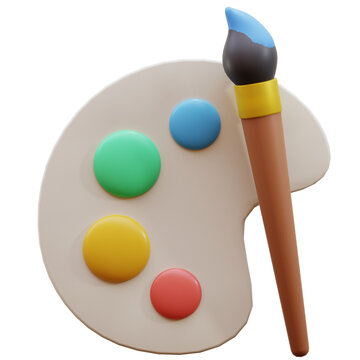 Palette and brush 3d icon. 3D render of art palette with brush. color palette with paint brush tool 3D render design. paint brush 3d icon illustration.