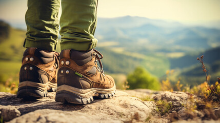 Close-up of the climber's feet starting to move towards the amazing mountain, photo from behind on the mountain wearing brown shoes and green trousers