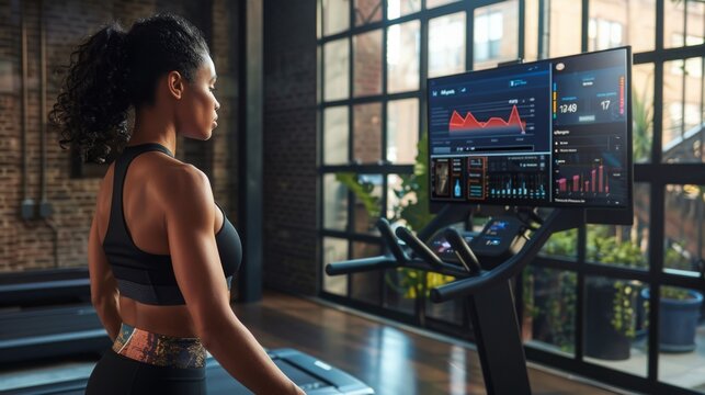 Fitness Enthusiast Running on a Treadmill in a Modern Gym