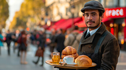 A waiter in a cafe in Paris. - obrazy, fototapety, plakaty