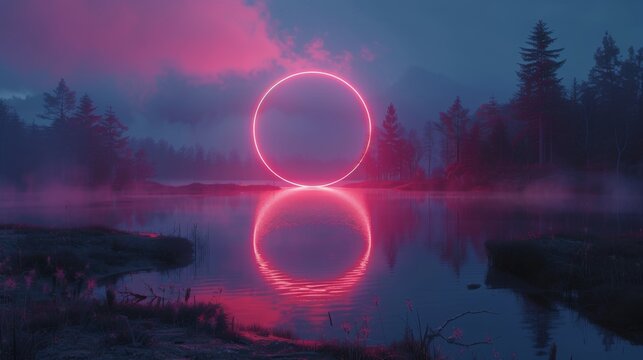 A deep magenta neon circle, centered over a dark, serene lake, its reflection shimmering in the water, merging tranquility with a vibrant glow.
