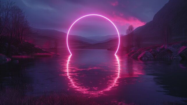 A deep magenta neon circle, centered over a dark, serene lake, its reflection shimmering in the water, merging tranquility with a vibrant glow.
