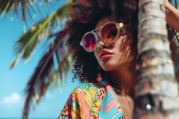 stylish black young woman wearing holographic sunglasses and casual colorful clothes palms and beach in the background