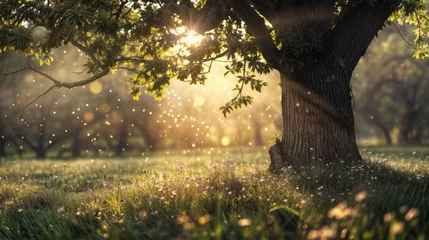  Beautiful summer landscape with sunbeams shining through the branches of a tree © engkiang