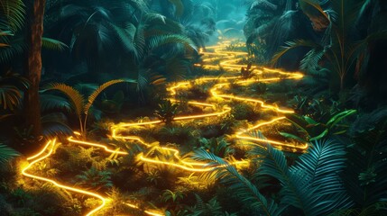 A labyrinth of yellow neon lines, weaving through a dense, shadowy jungle, illuminating the intricate patterns of natureâ€™s own design.