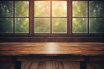 Empty wooden table and window with nature view background,  For product display