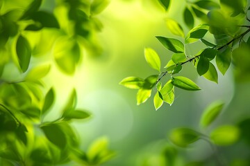 Fototapeta na wymiar Fresh green leaves on blurred background with bokeh effect and copy space