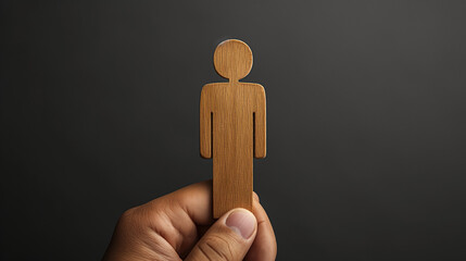 Man going along the forefinger in shown direction. Abstract image with a wooden puppet.