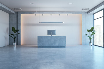 Modern concrete office reception desk and panoramic window with city view. Workplace concept. 3D Rendering.