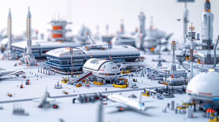 A 3D miniature of a bustling spaceport, with spacecraft and futuristic infrastructure, set against a white background to imagine the future of interstellar travel.