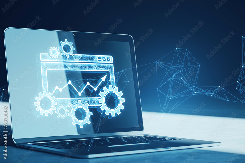 Poster Close up of notebook on desk with digital folder with cogs, mesh and arrows on blurry backdrop. Project Management icon, data management, folder, project goals, task management concept. 3D Rendering.