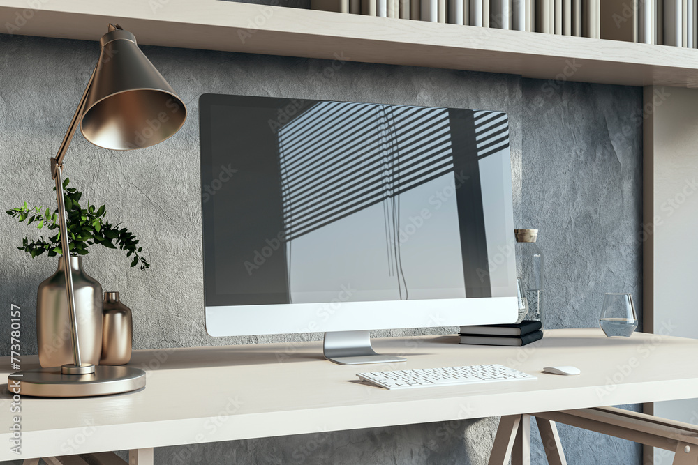 Aufkleber Close up of simple designer workspace with reflections on computer screen. 3D Rendering.