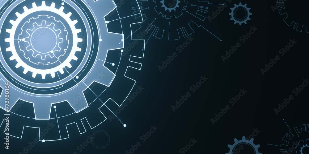 Poster creative digital cogs on dark backdrop with mock up place. factory, production and machinery concept