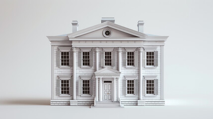 A 3D miniature colonial house, featuring symmetrical windows, a central door, and traditional shutters, presented on a solid white background to highlight its classic architectural beauty.