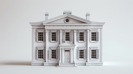 Fototapeta premium A 3D miniature colonial house, featuring symmetrical windows, a central door, and traditional shutters, presented on a solid white background to highlight its classic architectural beauty.