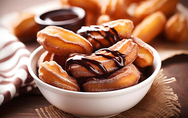 Spanish churros with chocolate sauce on a wooden table. Often eaten as a breakfast or snack, it is...