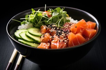 A black bowl filled with sushi and vegetables