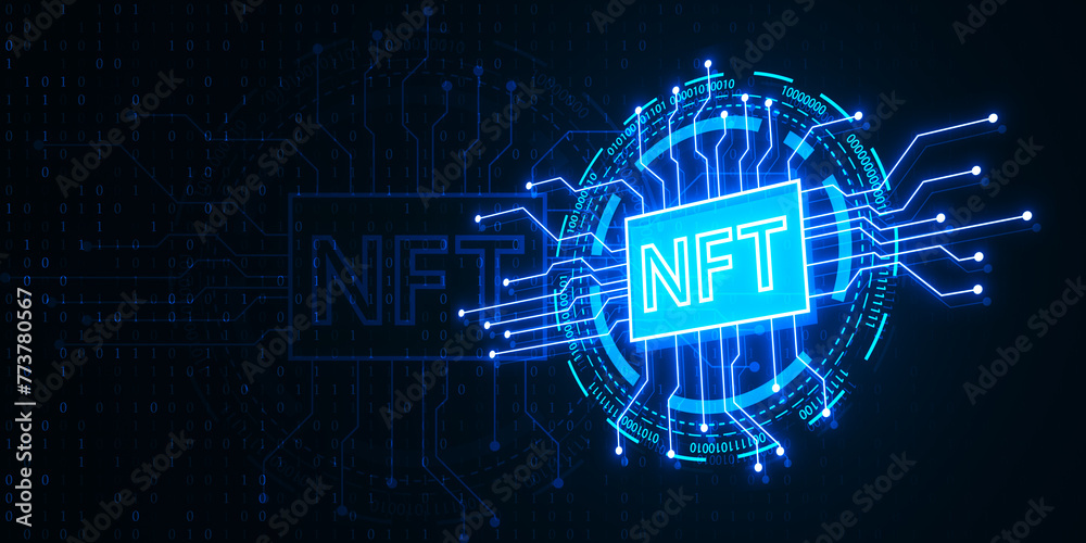 Poster creative glowing blue nft circuit hologram on dark backdrop with mock up place. non fungible token a
