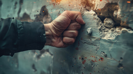 A man's fist is clenched and he is punching a wall