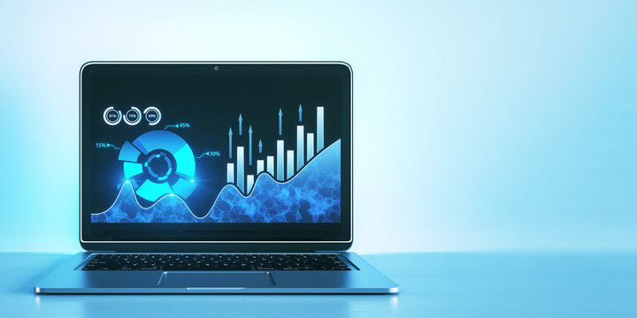 Close up of laptop with creative digital business pie chart on light background with mock up place. Glowing stock market analysis and big business data analysis. 3D Rendering.