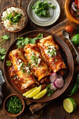 A plate of enchiladas with lime wedges and onions
