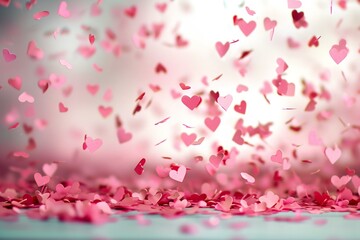 Fototapeta na wymiar Heart confetti on bokeh background, Valentine's day concept