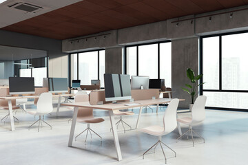 Contemporary coworking office interior with furniture, windows and equipment. Workplace concept. 3D Rendering.